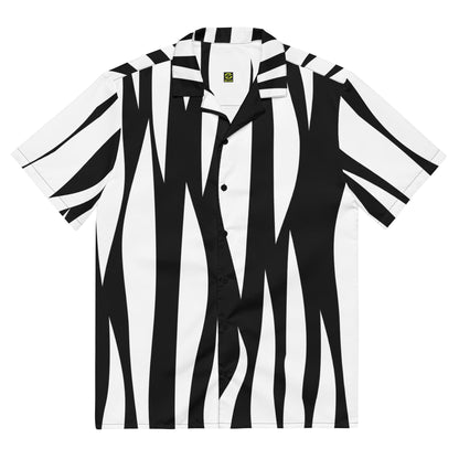 Zebra print unisex button-up shirt, black and white vertical stripes, front view