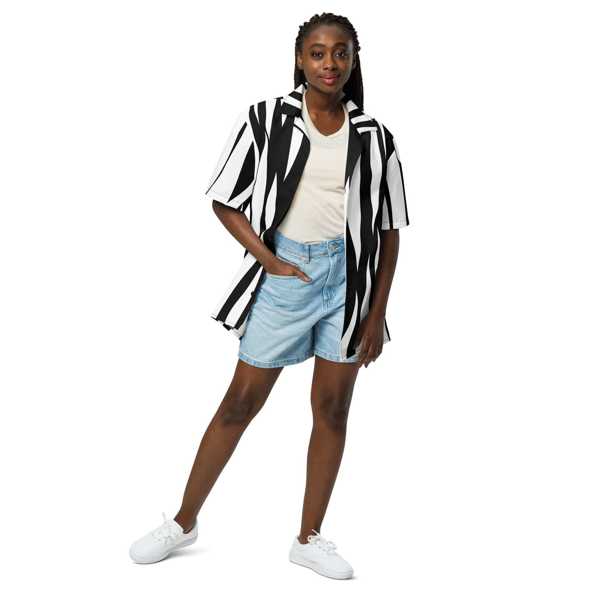 Zebra print unisex button-up shirt with black and white vertical stripes, short sleeves