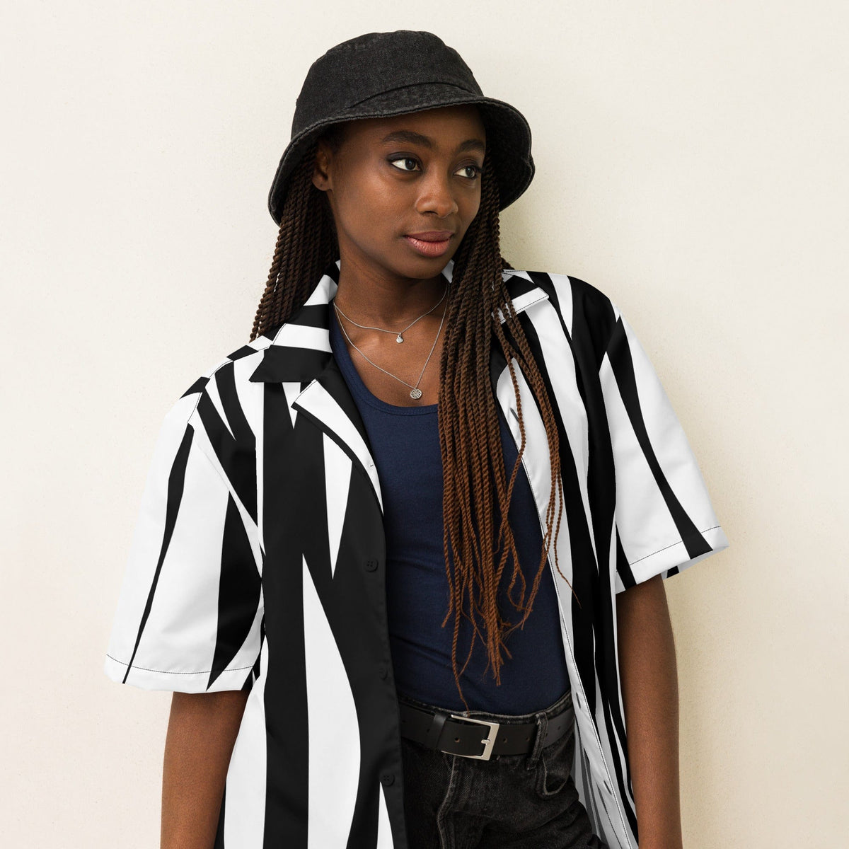 Zebra print unisex button-up shirt in black and white vertical stripes, open front