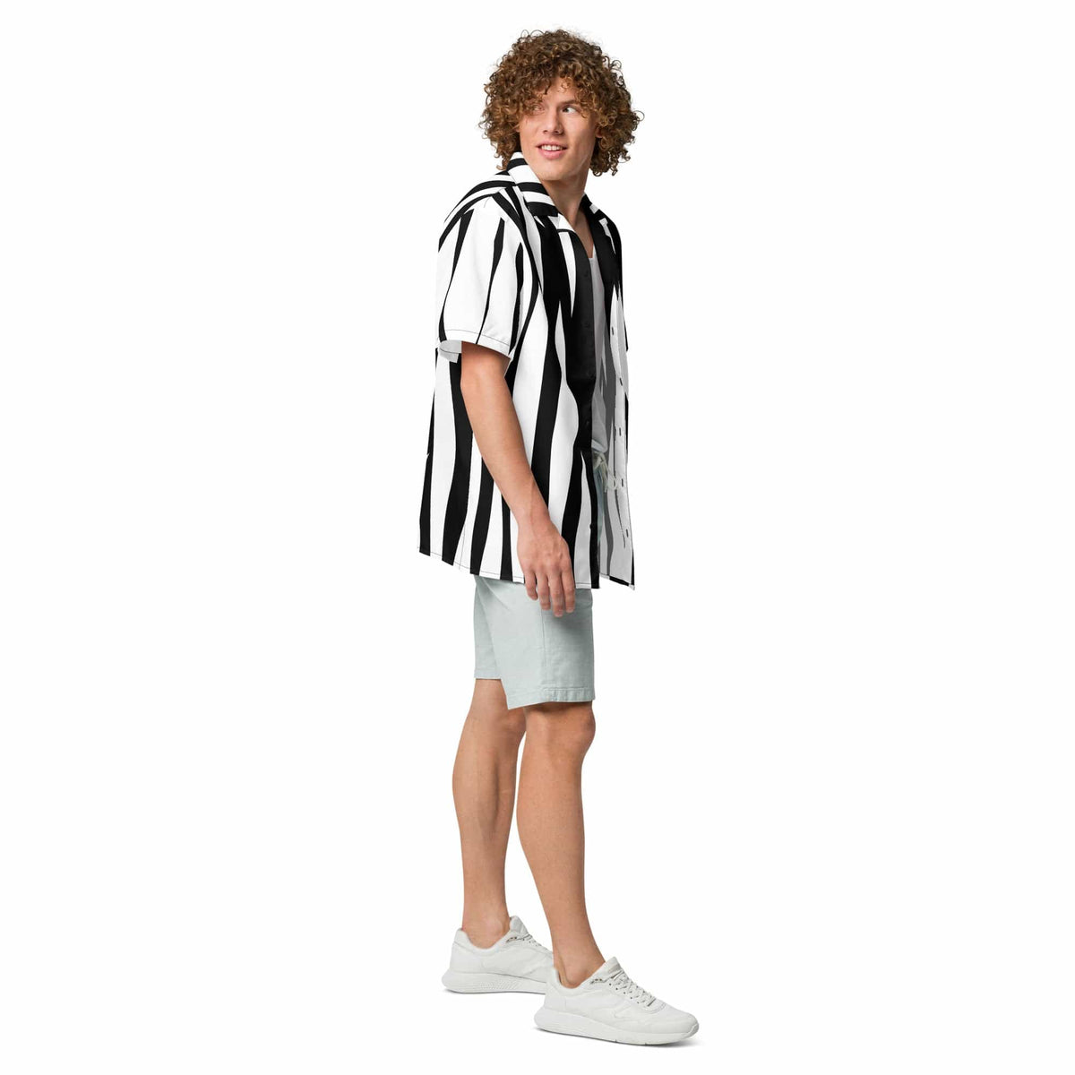 Unisex short-sleeve button shirt with black-and-white vertical zebra stripes