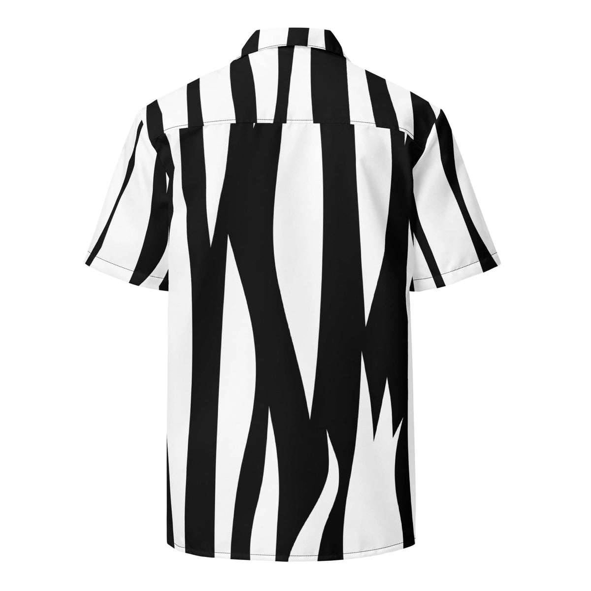 Unisex short-sleeve button shirt, back view, black-and-white zebra stripe pattern