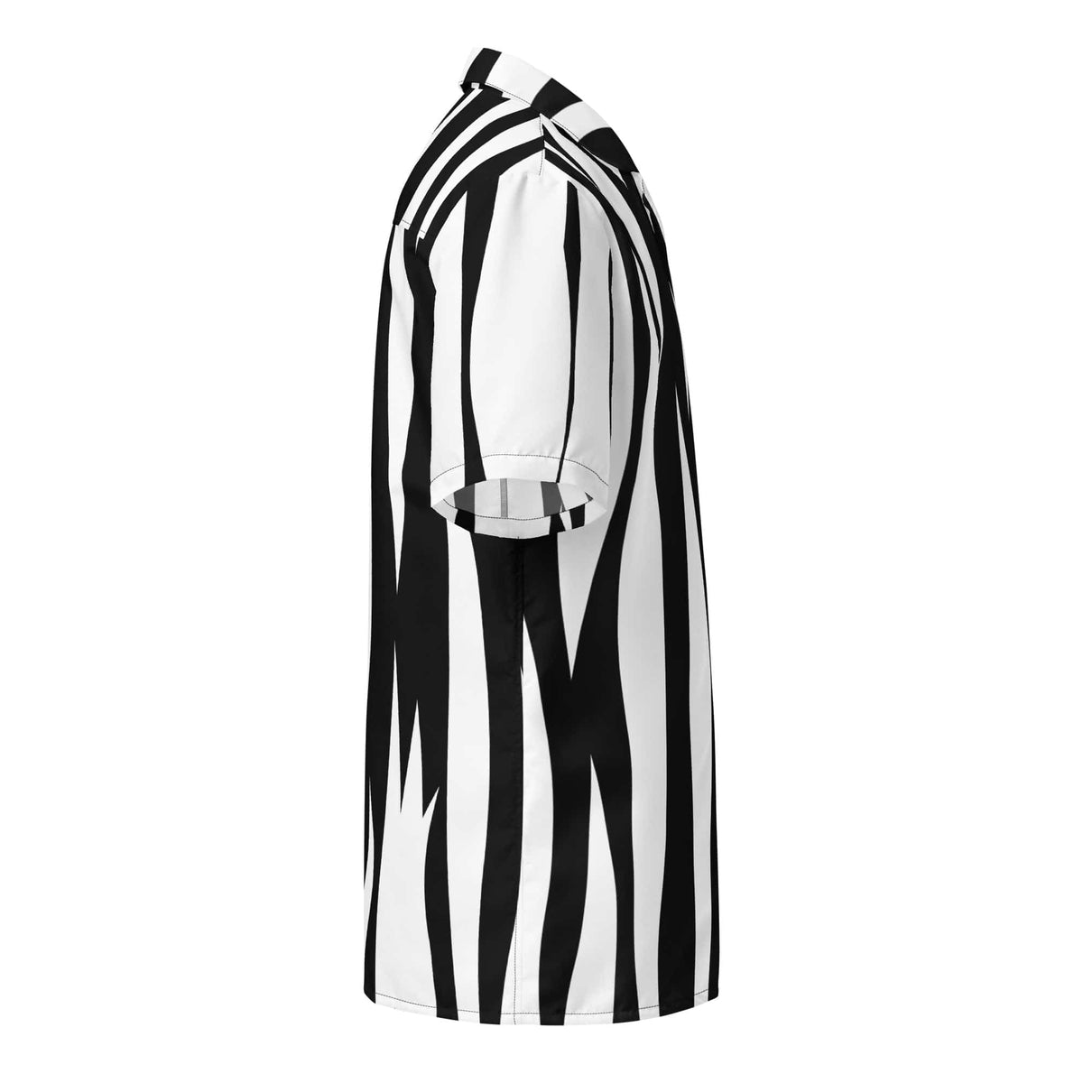 Unisex short-sleeve button shirt with vertical black-and-white zebra stripes, chest panel