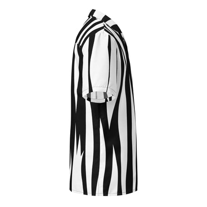 Unisex short-sleeve button shirt with vertical black-and-white zebra stripes, chest panel