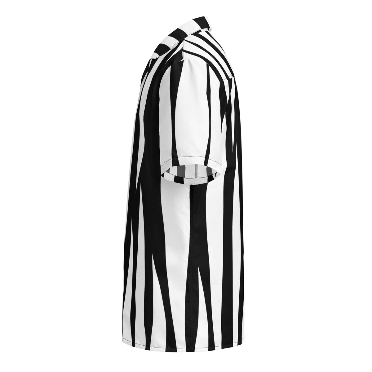 Unisex short-sleeve button shirt with black-and-white zebra stripes and button front