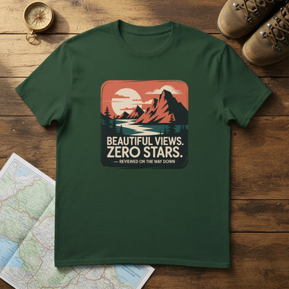 Dark green hiking T-shirt with mountain “Beautiful Views. Zero Stars” graphic