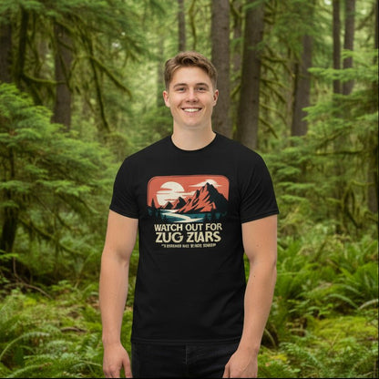 Black hiking T-shirt with mountain graphic and "Watch out for Zug Zars" text