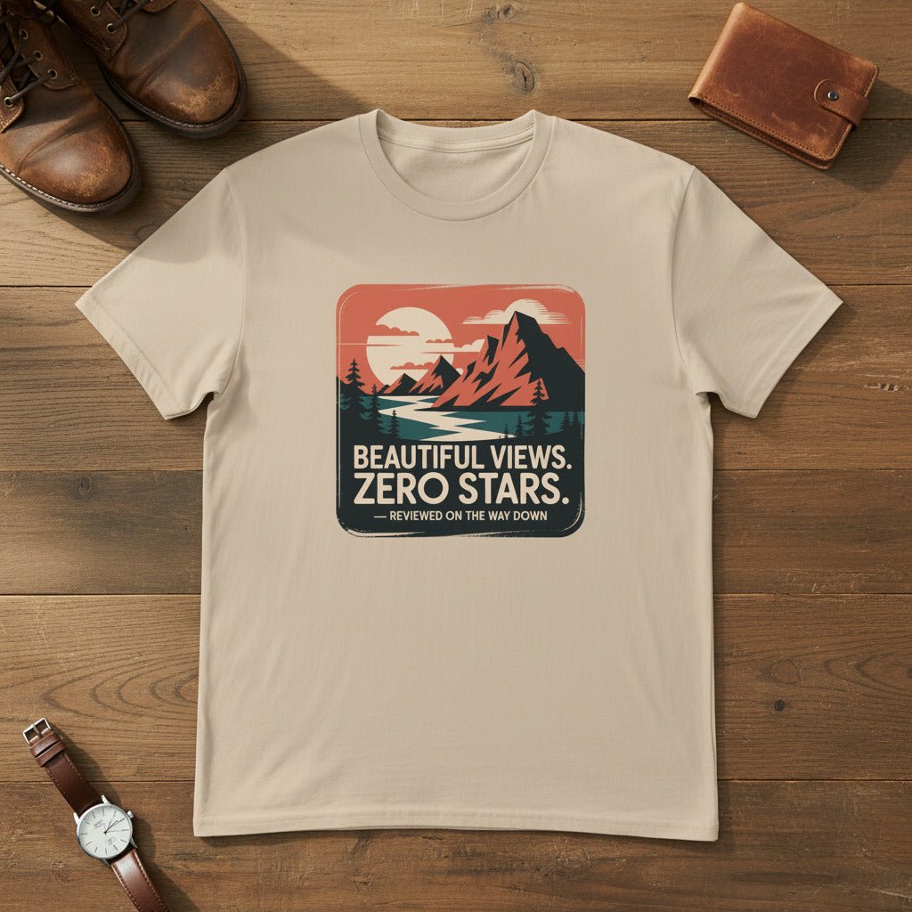 White hiking T-shirt with mountain graphic and "Beautiful Views. Zero Stars" slogan