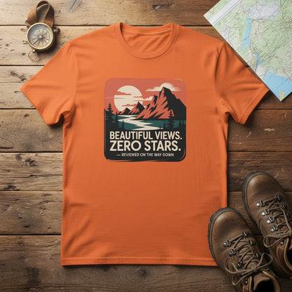 Orange hiking T-shirt with mountain graphic and "Beautiful Views. Zero Stars" slogan