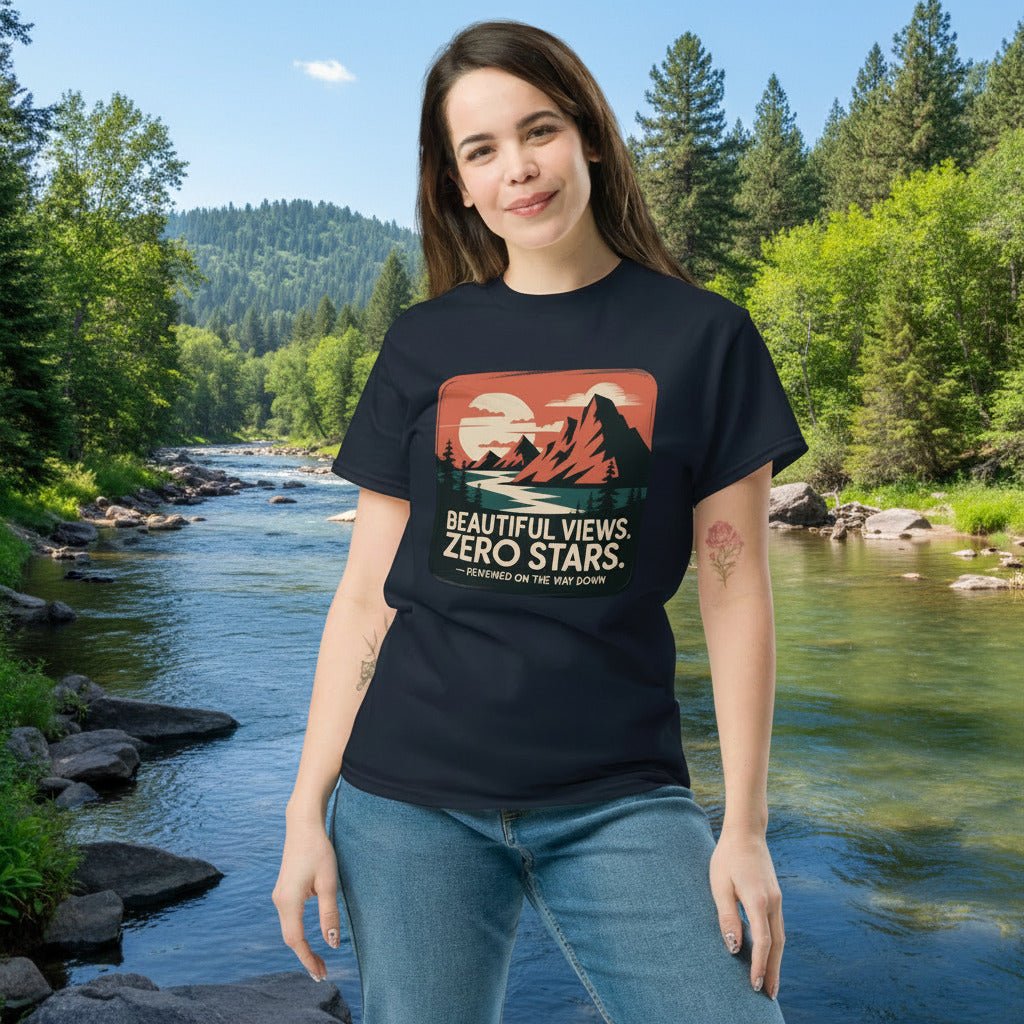 Black hiking T-shirt with mountain “Beautiful Views. Zero Stars” graphic