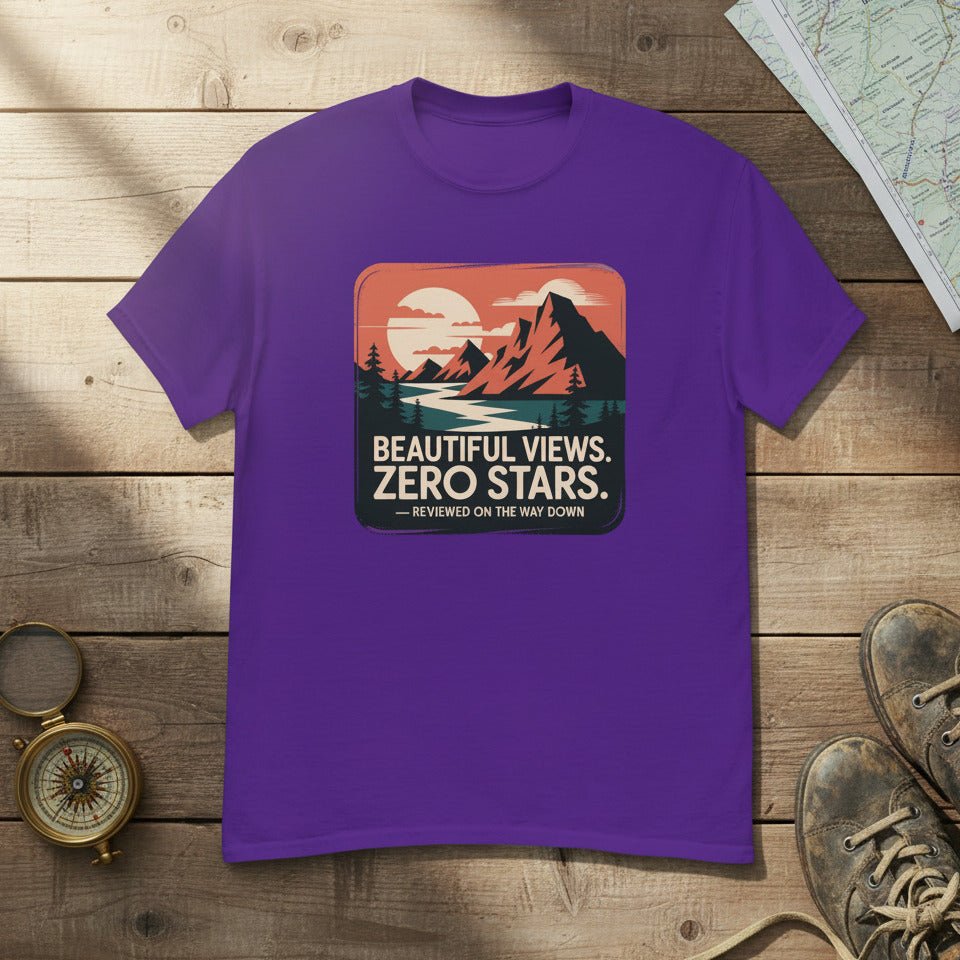 Purple hiking T-shirt with mountain graphic and "Beautiful Views. Zero Stars" text