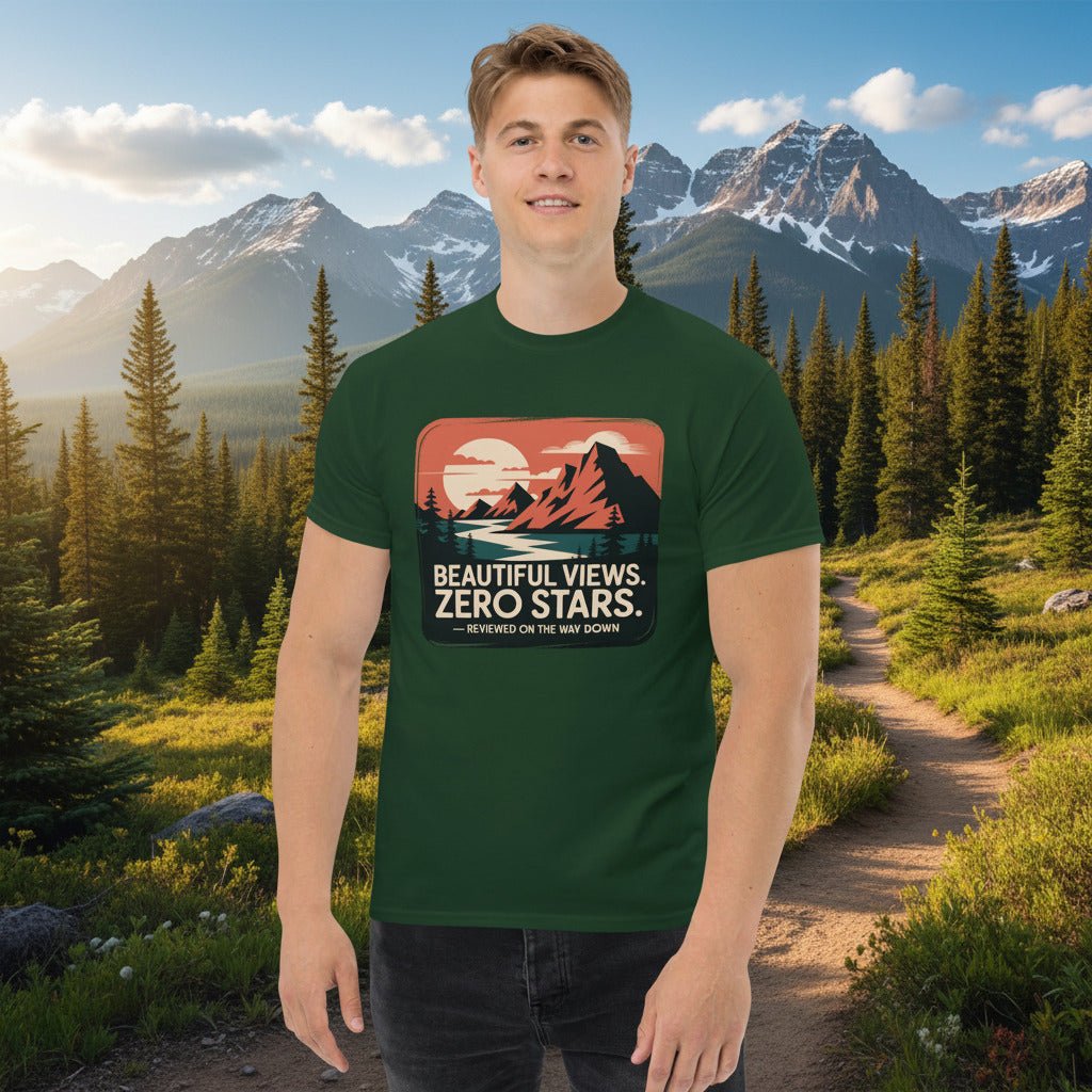 Forest green hiking T-shirt with mountain logo and "Beautiful Views. Zero Stars" text
