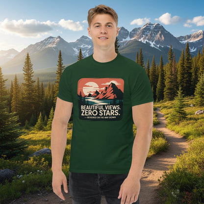 Forest green hiking T-shirt with mountain logo and "Beautiful Views. Zero Stars" text