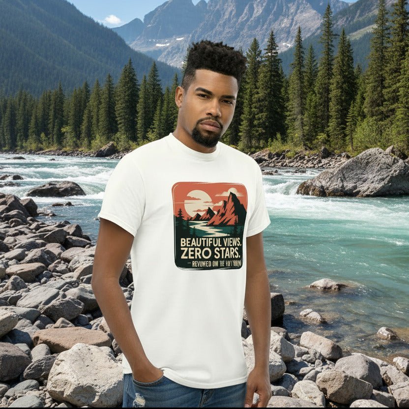 White hiking T-shirt with mountain graphic and "Beautiful Views. Zero Stars" slogan