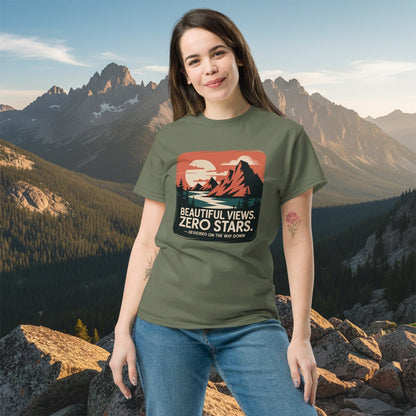 Olive green hiking T-shirt with mountain graphic and "Beautiful Views. Zero Stars" text