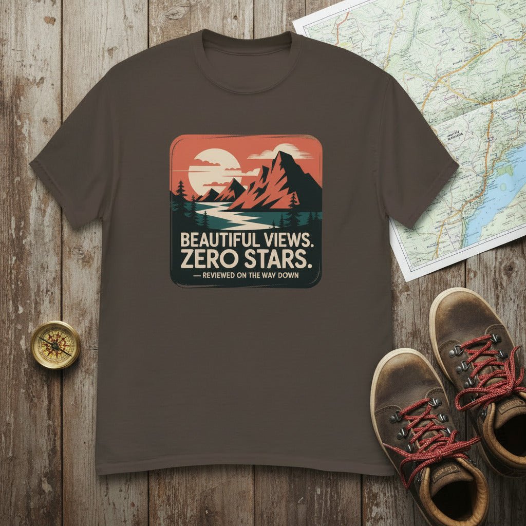 Brown hiking T-shirt with mountain “Beautiful Views. Zero Stars” graphic