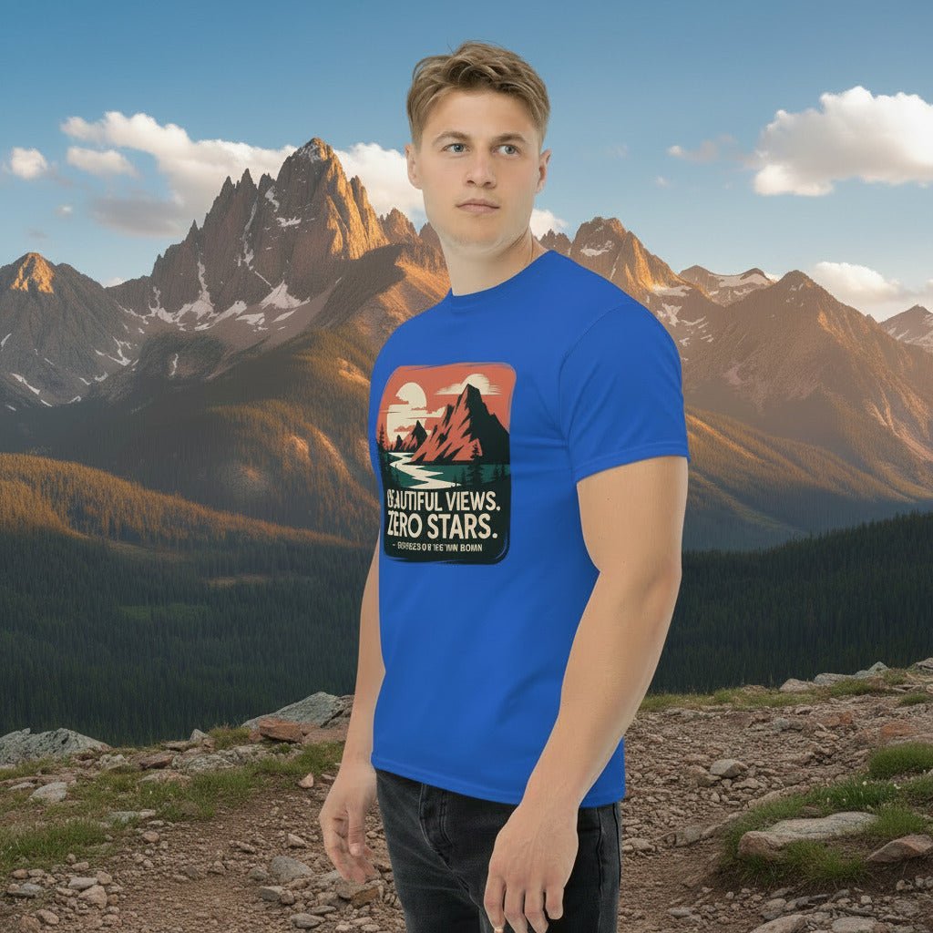 Royal blue hiking T-shirt with mountain “Beautiful Views. Zero Stars” graphic