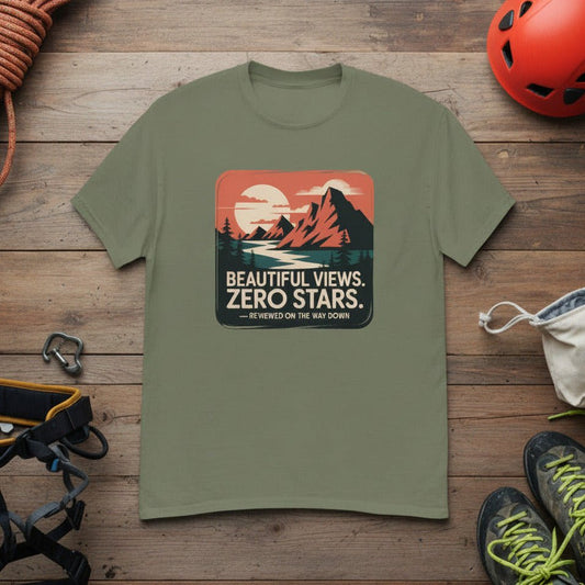 Forest green hiking T-shirt with mountain “Beautiful Views. Zero Stars” graphic