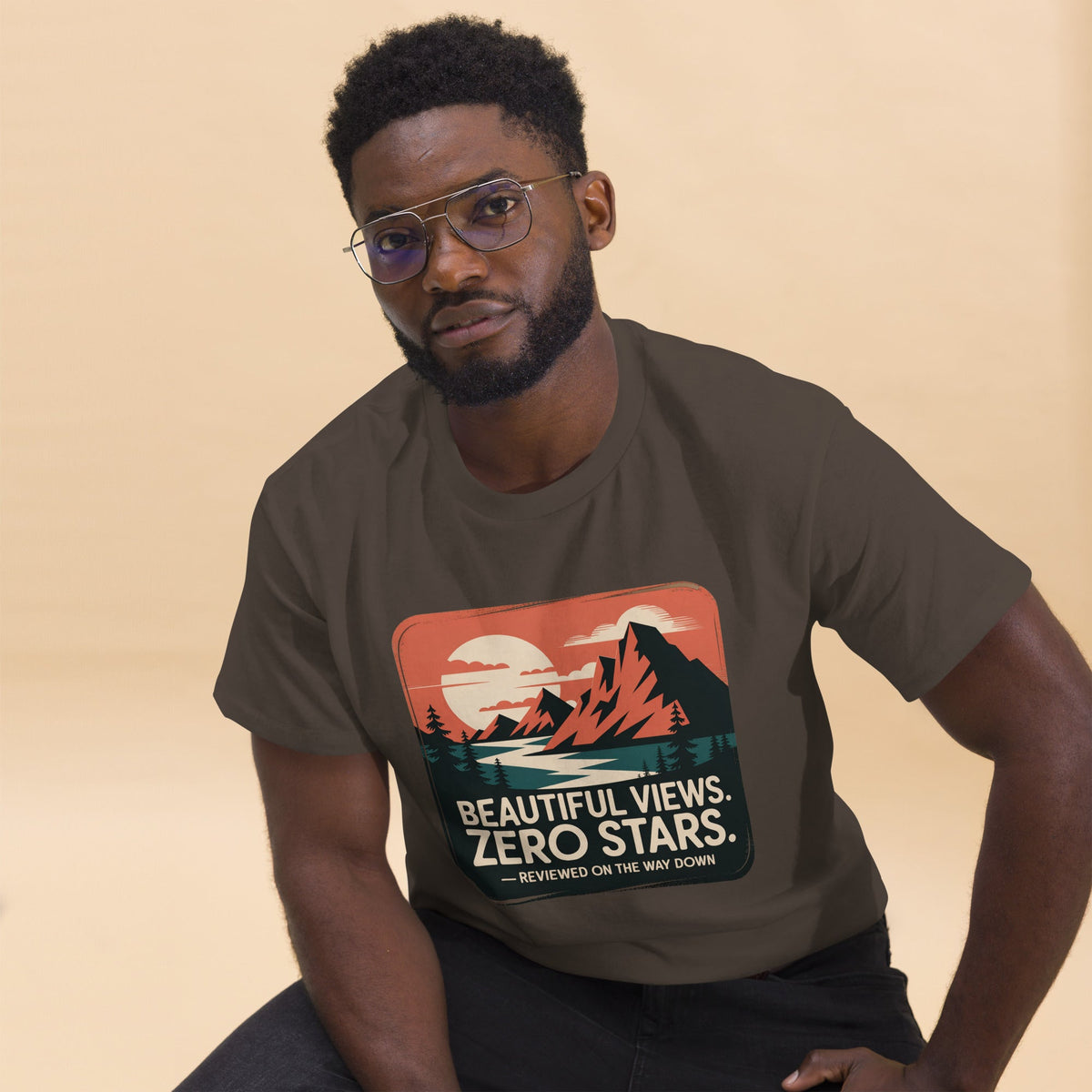 Dark brown hiking T-shirt with mountain graphic and "Beautiful Views. Zero Stars" text