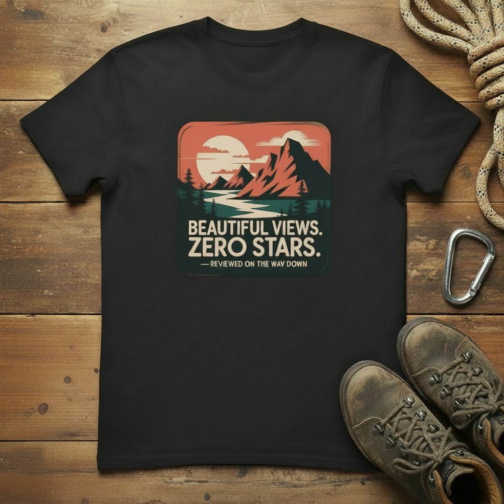 Black hiking T-shirt with mountain “Beautiful Views. Zero Stars” graphic