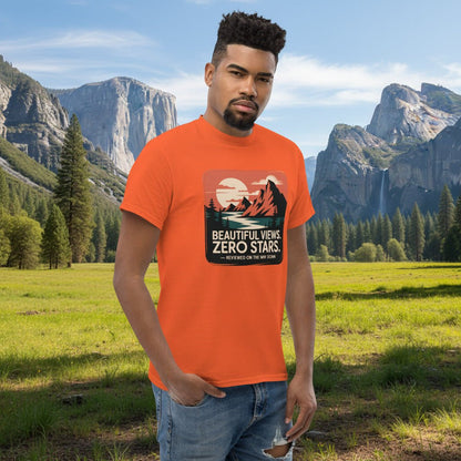 Orange hiking T-shirt with mountain “Beautiful Views. Zero Stars” graphic
