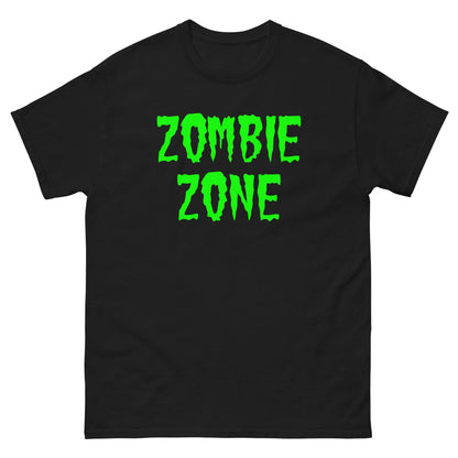 Black T-shirt with neon green “Zombie Zone” graphic on the chest