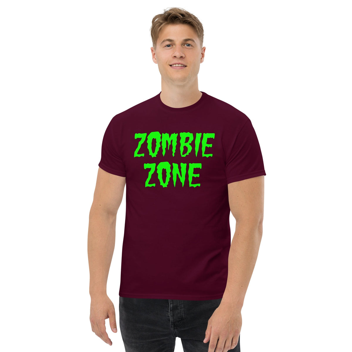 Maroon T-shirt with neon green “Zombie Zone” graphic on the front