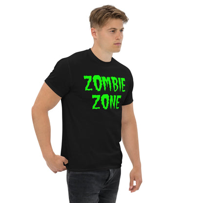 Black T-shirt with neon green “Zombie Zone” graphic across the upper chest