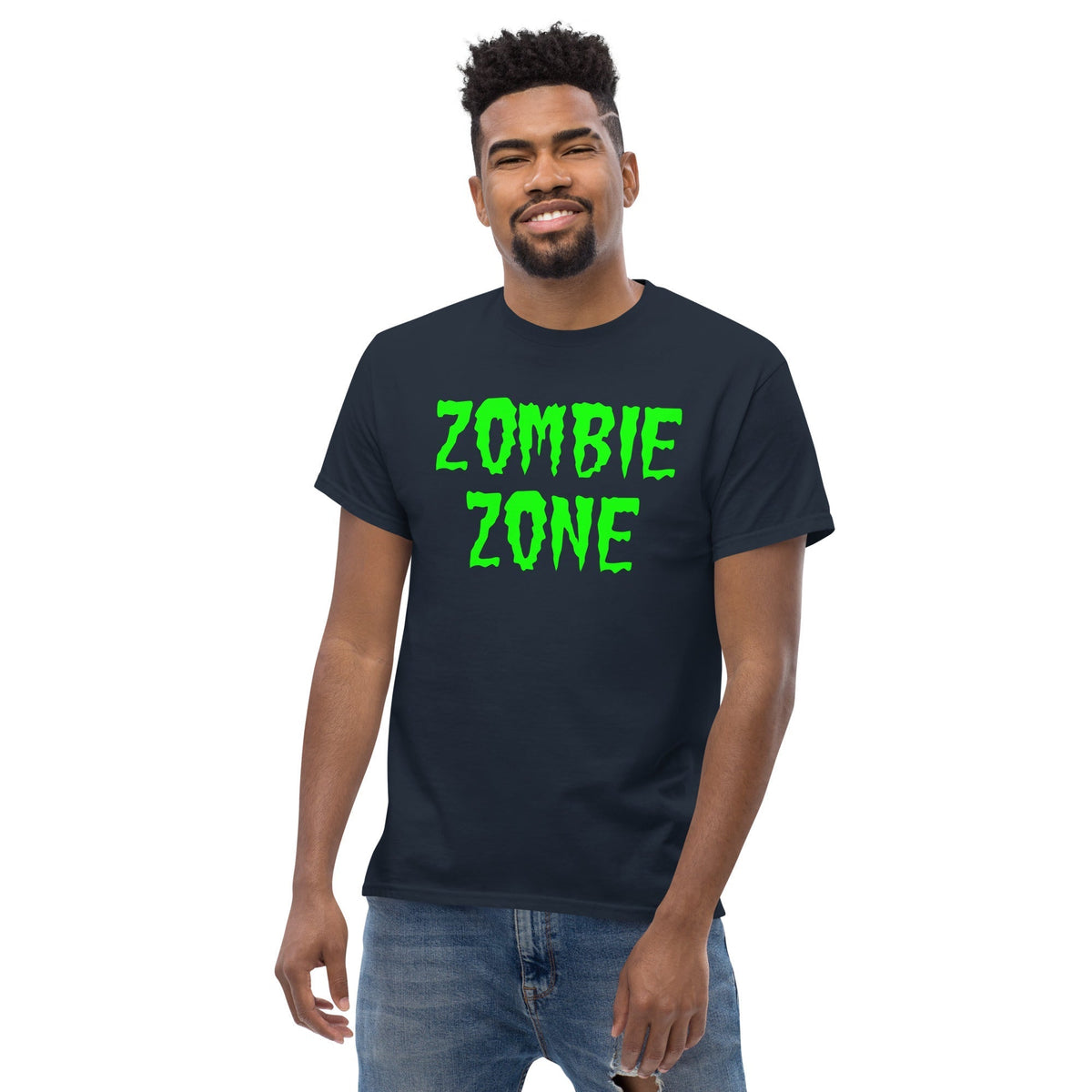 Dark T-shirt with neon green “Zombie Zone” graphic printed at center chest