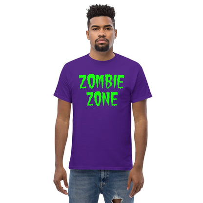 Purple T-shirt with neon green “Zombie Zone” text graphic on the chest