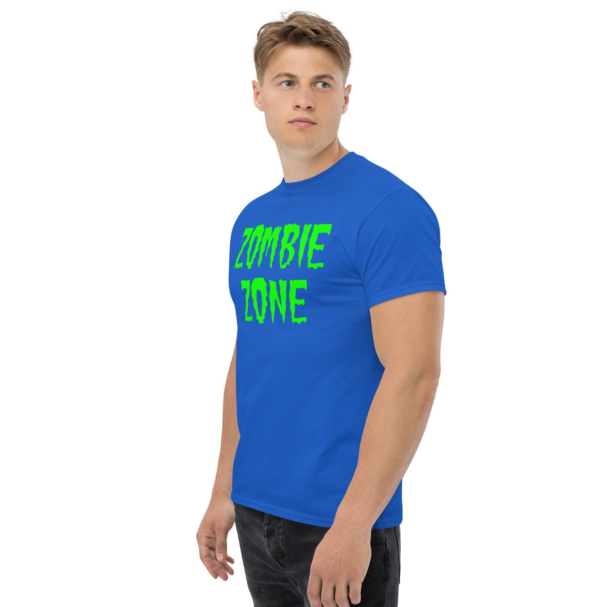 Royal blue T-shirt with neon green “Zombie Zone” graphic on the front