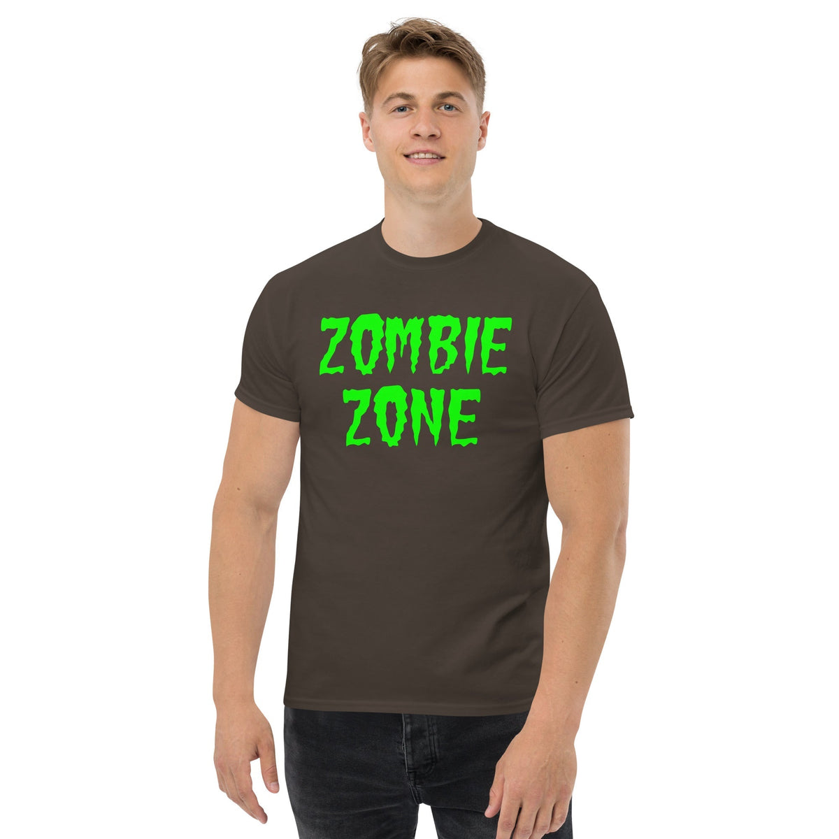 Dark brown T-shirt with neon green “Zombie Zone” graphic on the front