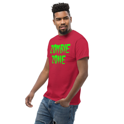 Red T-shirt with neon green “Zombie Zone” graphic printed on the chest