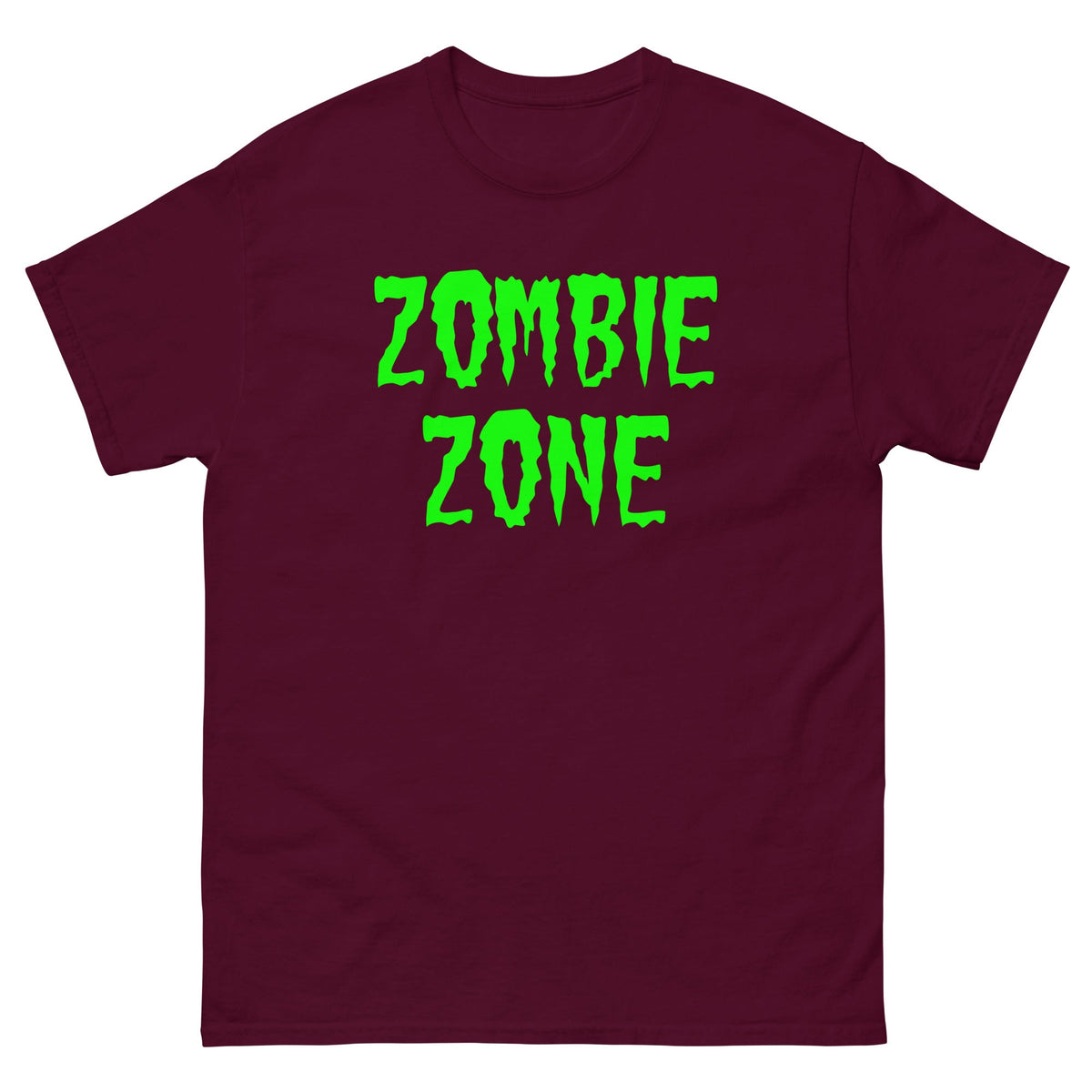 Maroon T-shirt with neon green 'ZOMBIE ZONE' graphic