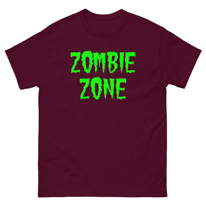 Maroon T-shirt with neon green 'ZOMBIE ZONE' graphic