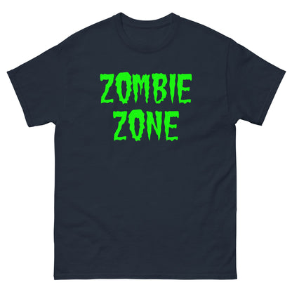 Dark navy T-shirt with neon green 'ZOMBIE ZONE' graphic