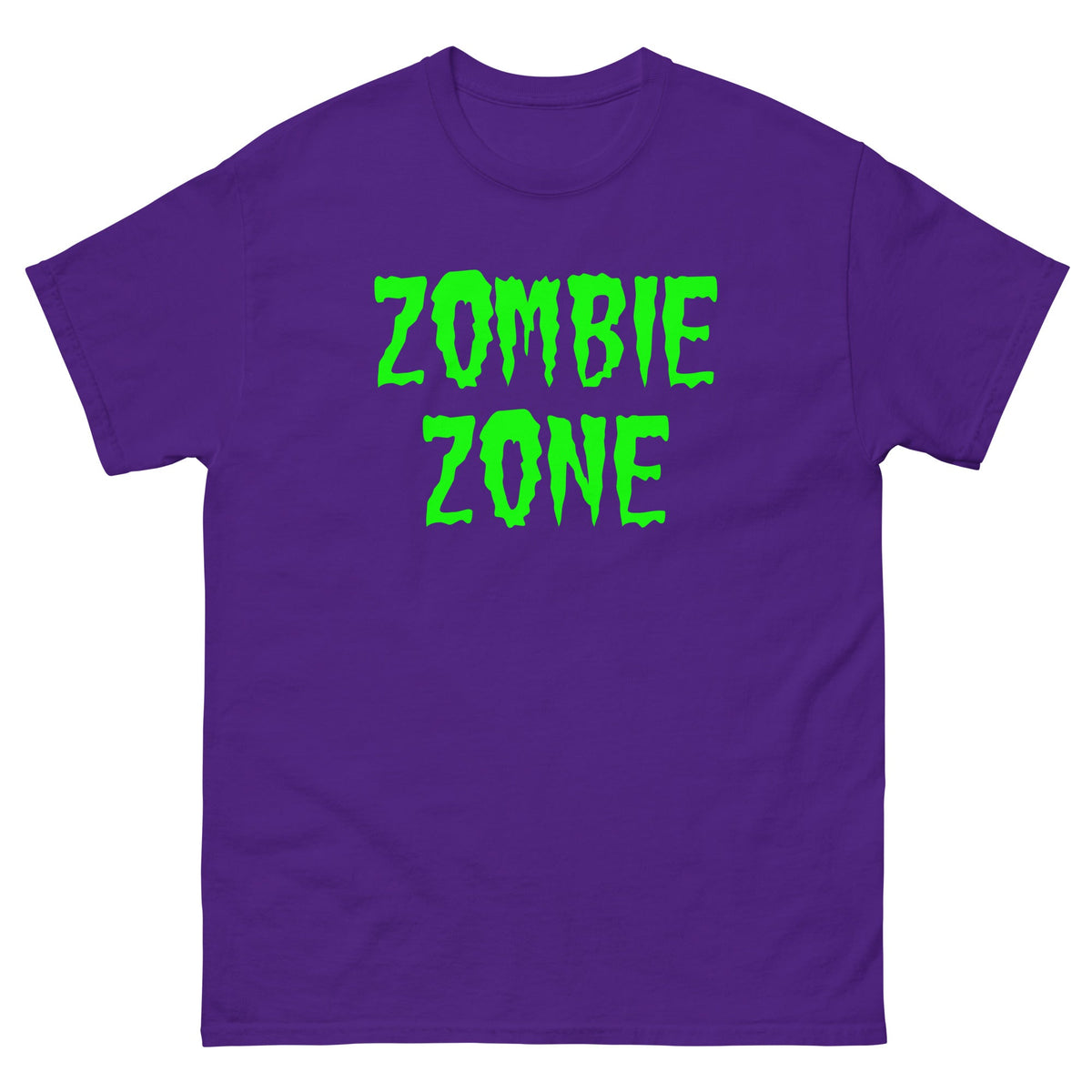 Purple T-shirt with neon green 'ZOMBIE ZONE' graphic