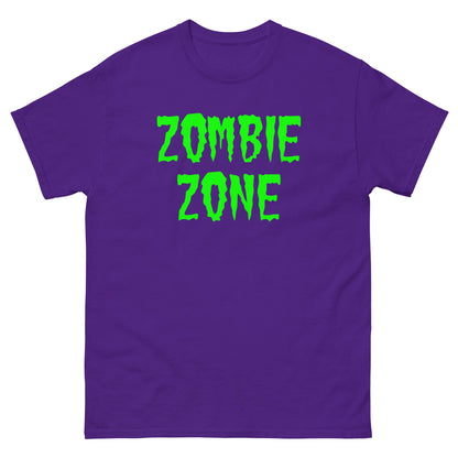 Purple T-shirt with neon green 'ZOMBIE ZONE' graphic