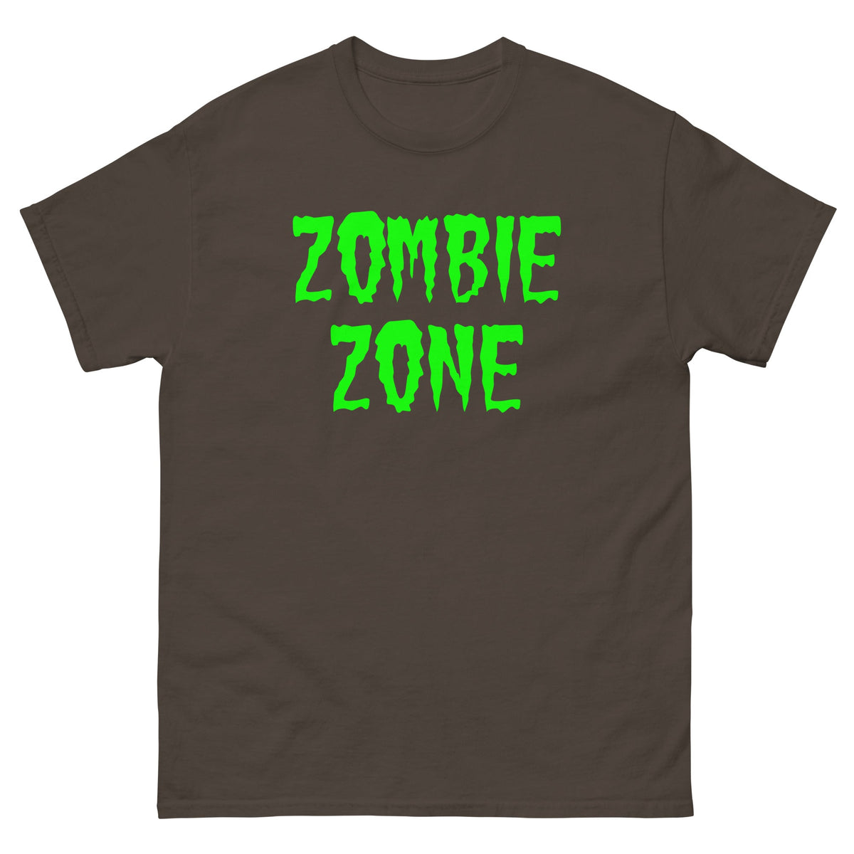 Dark brown T-shirt with neon green 'ZOMBIE ZONE' graphic