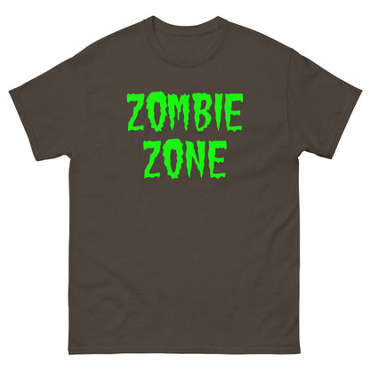 Dark brown T-shirt with neon green 'ZOMBIE ZONE' graphic