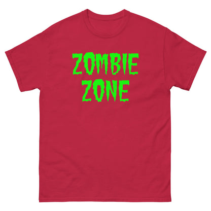 Red T-shirt with neon green 'ZOMBIE ZONE' graphic