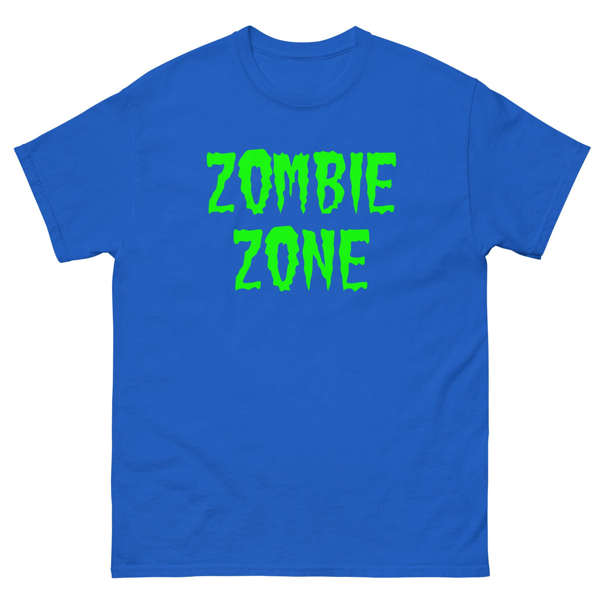 Blue T-shirt with neon green 'ZOMBIE ZONE' graphic