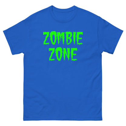 Blue T-shirt with neon green 'ZOMBIE ZONE' graphic