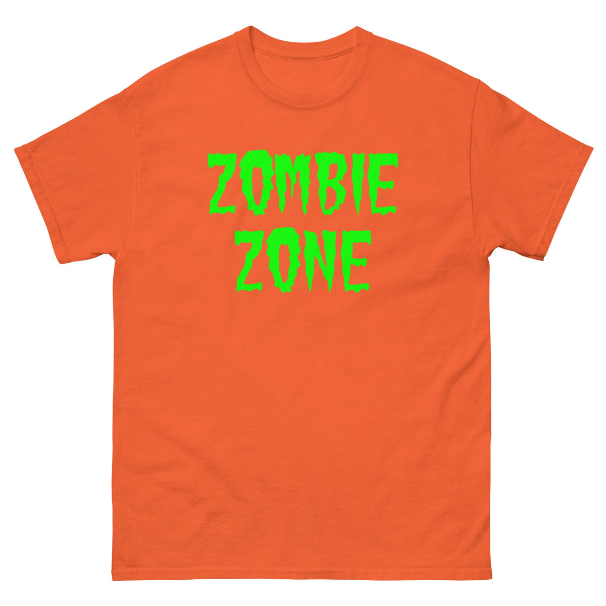 Orange T-shirt with neon green 'ZOMBIE ZONE' graphic