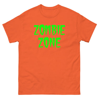 Orange T-shirt with neon green 'ZOMBIE ZONE' graphic